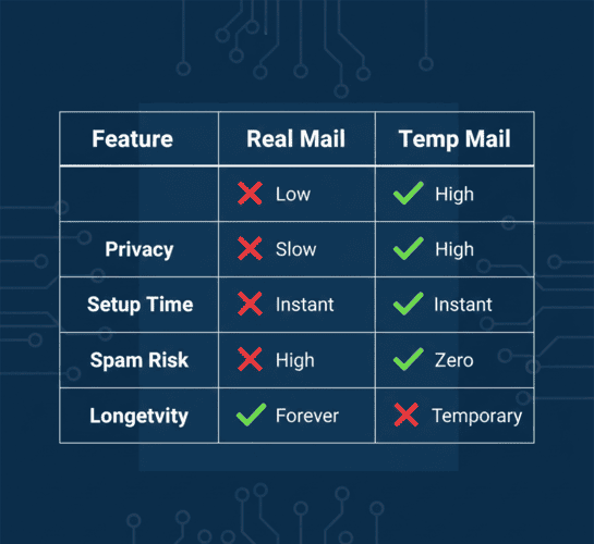 Comparison chart showing features of permanent vs disposable email.