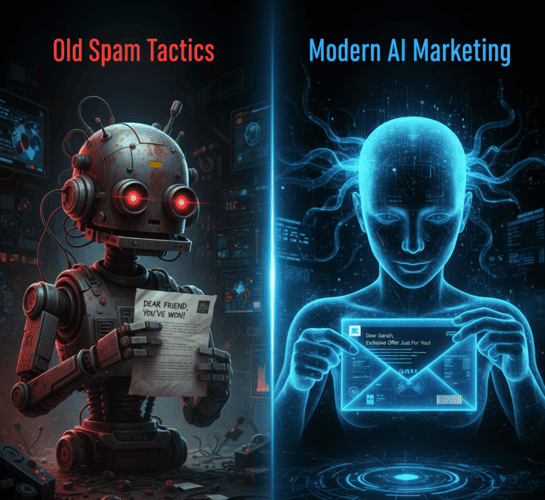The evolution of spam from generic junk to hyper-personalized AI phishing attacks.
