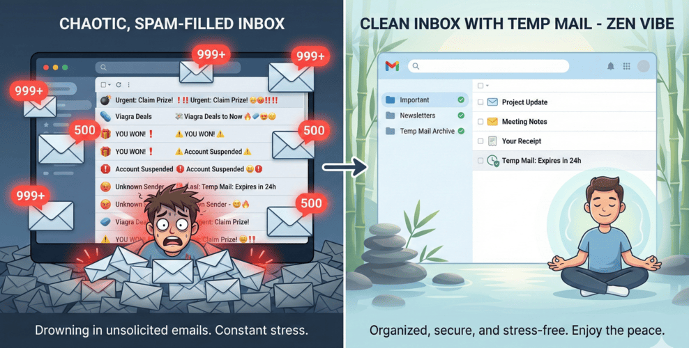Comparison between a spam-filled inbox and a clean inbox using temp mail.