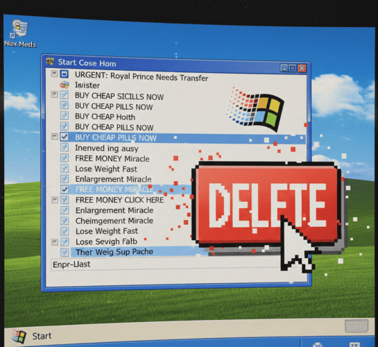 Classic 2000s era spam emails including the infamous Nigerian Prince scam.