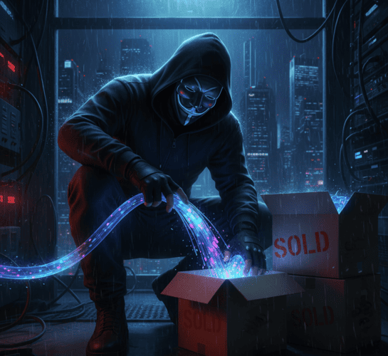 Illustration of personal data being harvested and sold to spammers.