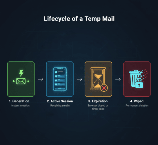 The four stages of a disposable email address lifecycle.