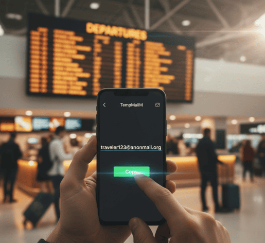 Using TempMailM on a mobile device to bypass airport Wi-Fi login.