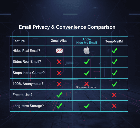 A clear, modern comparison table graphic.  Columns: Feature | Gmail Alias | Apple Hide My Email | TempMailM  Rows: Hides Real Email? | Stops Inbox Clutter? | 100% Anonymous? | Free to Use?  TempMailM has green checkmarks for all except "Long-term storage".