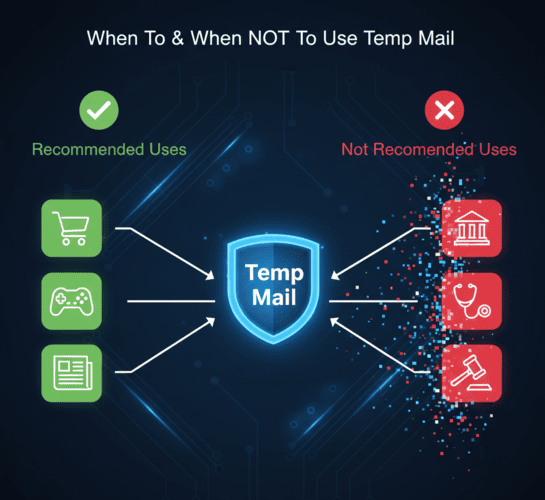 Visual guide on what services should never be linked to a disposable email address.